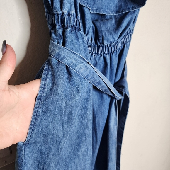 Lane Bryant On/Off Shoulder Blue Chambray Belted Dress Side Pockets Sz 14/16 1X - Picture 2 of 14